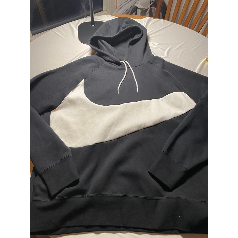 Nike Mens Swoosh Hoodie Black White Oversized Logo Pullover DR9034-010 XXL
